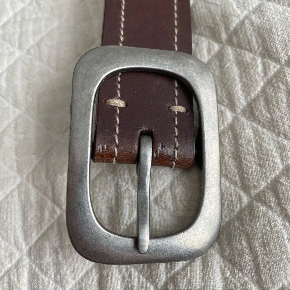 Classic Work Brown Leather Belt White Stitching Silver tone buckle men’s size XL